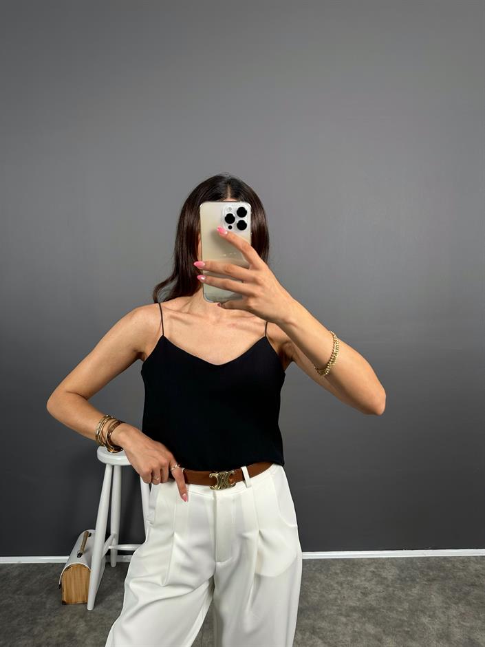 Exa Siyah Askılı Keten Crop Bluz