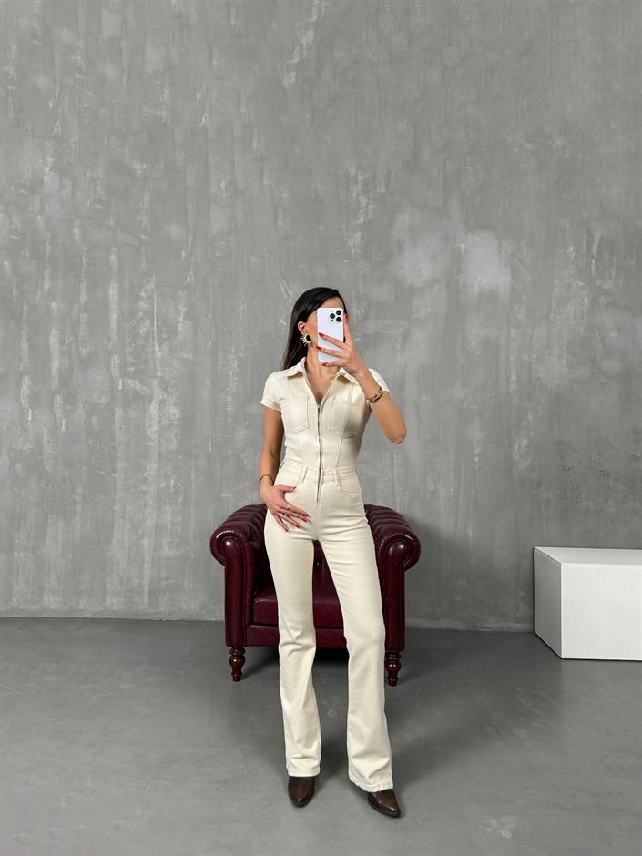 Milen Ekru Fermuarlı Gabardin Tulum