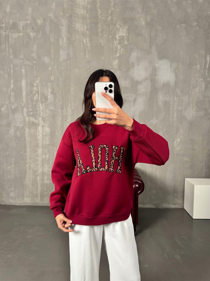 Kyre Bordo Hola Leopar Baskılı Sweat