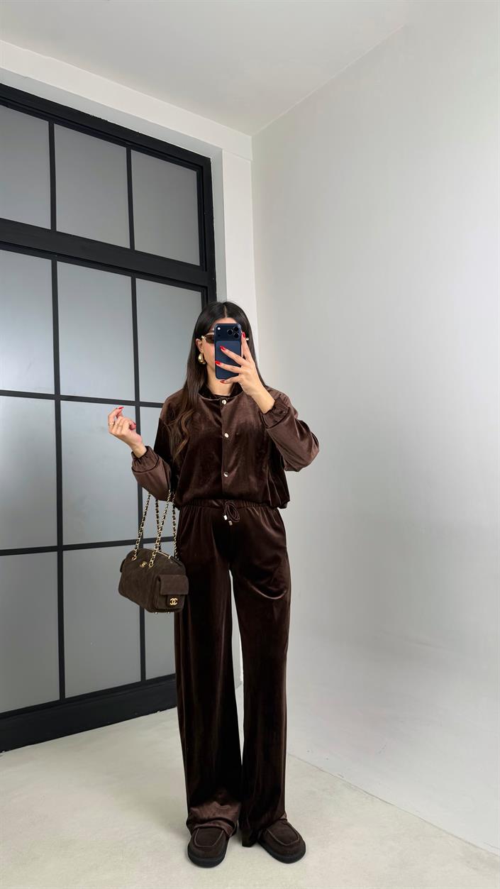 Kahve Çıtçıt Düğmeli Astarlı Ceket Beli Lastikli Pantolon Kadife Takım GAUS-00921