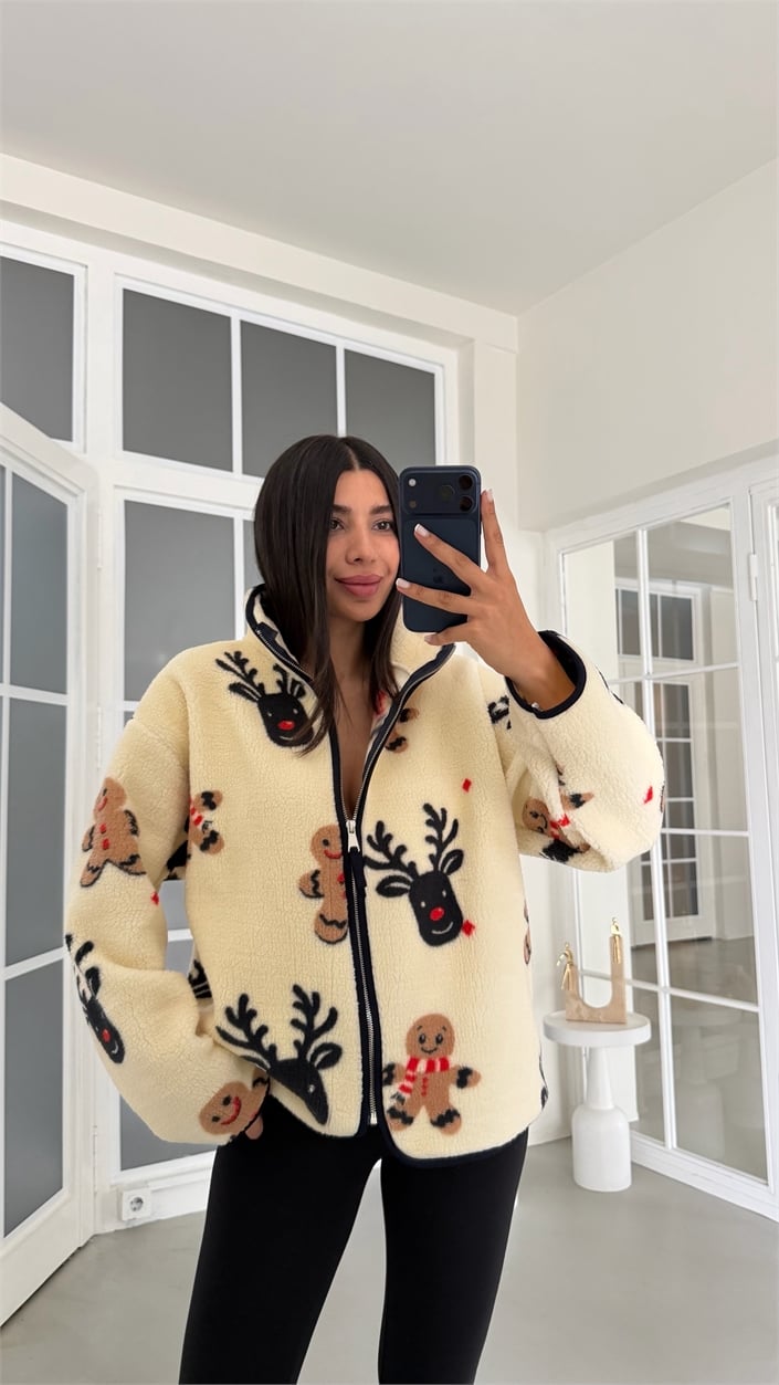 Krem Kurabiye Desenli Fermuarlı Polar Sweatshirt GAUS-01916 GAUS-02113
