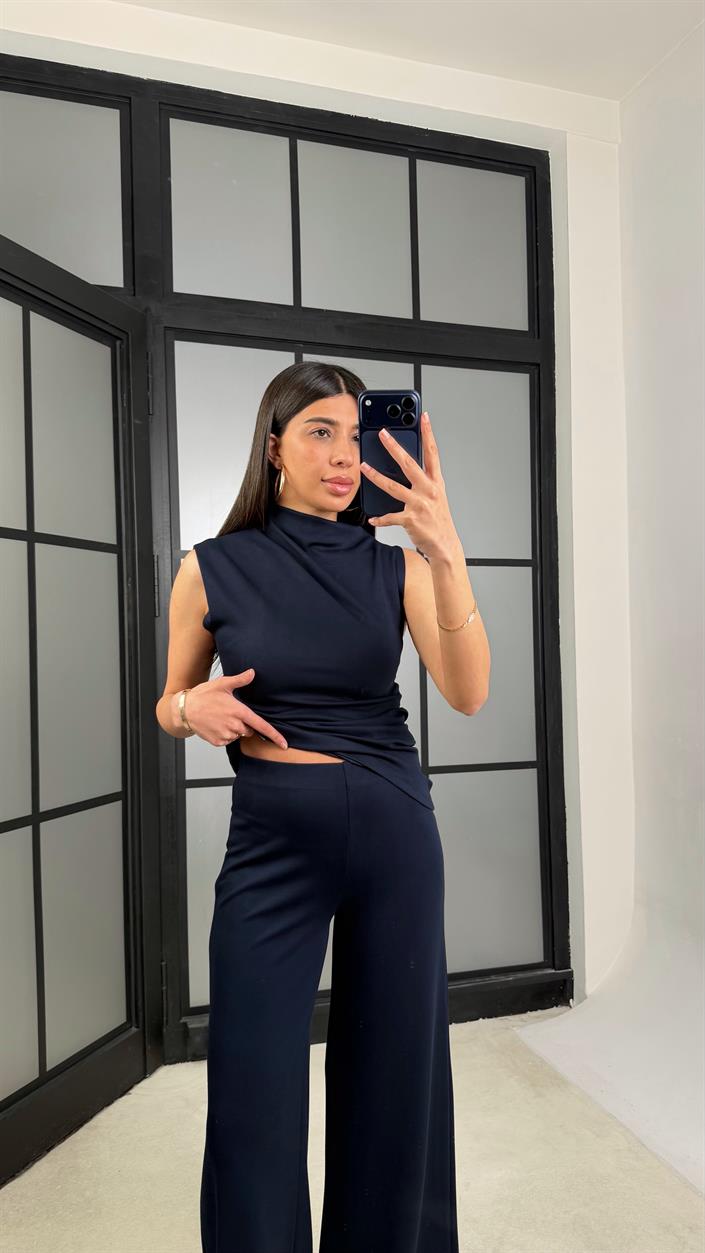 Lacivert Sıfır Kol Bluz Beli Lastikli Pantolon Modal Takım GAUS-01348