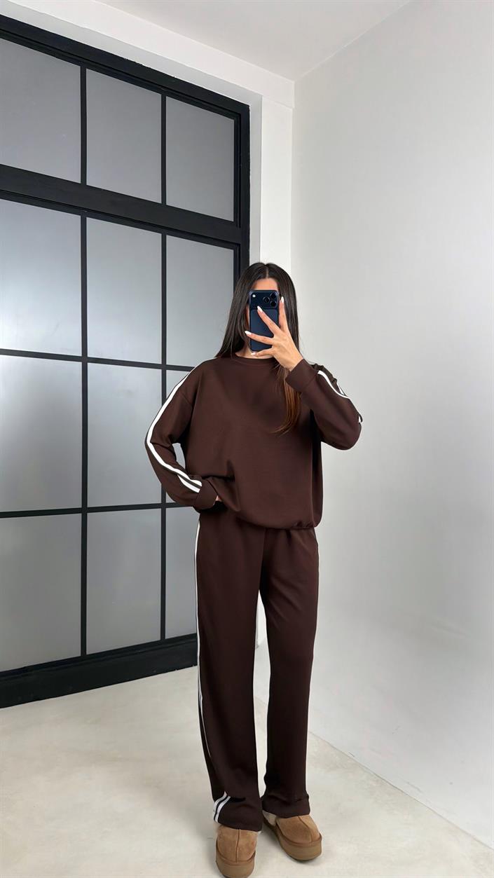 Acı Kahve Şerit Detaylı Sweatshirt Beli Lastikli Eşofman İkili Modal Takım GAUS-00621