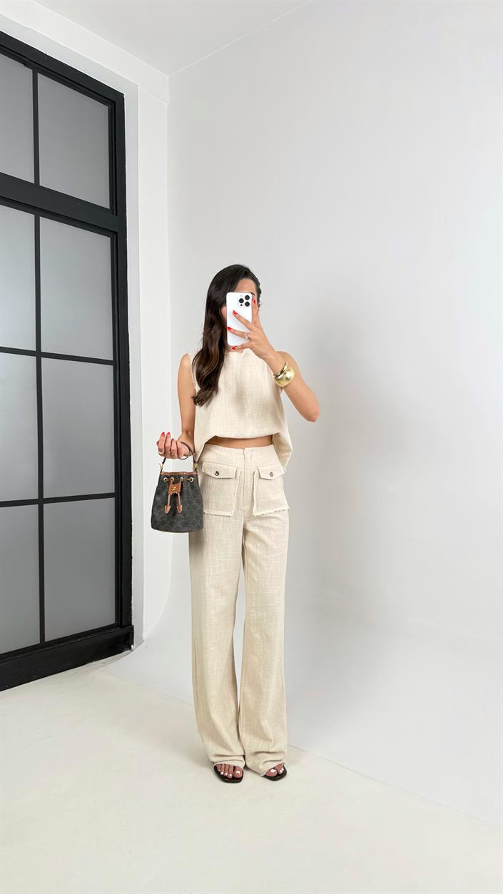 Taş Sıfır Kol Bluz Cep Detaylı Pantolon Keten Takım Gaus00458 