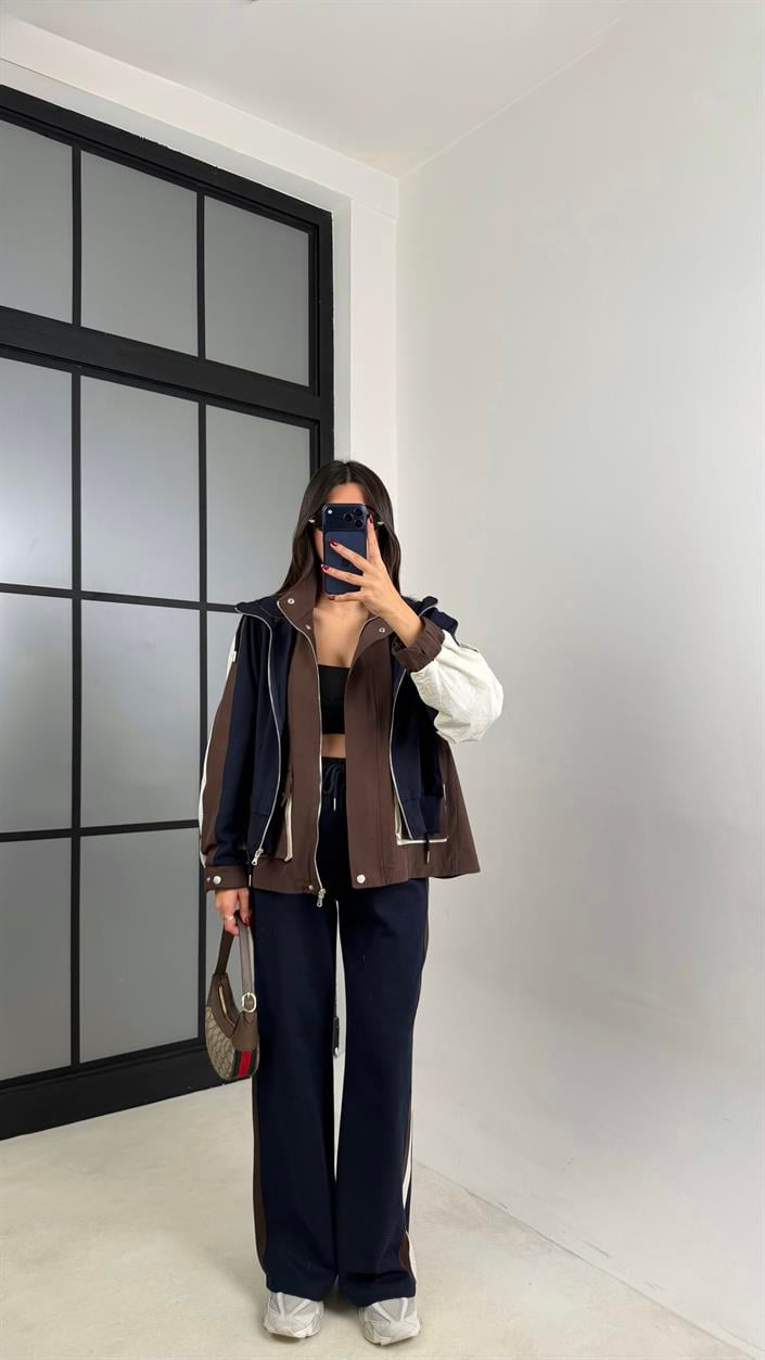 Kahve Garnili Ceket Beli Lastikli Pantolon İkili Tasarım Takım GAUS-00699