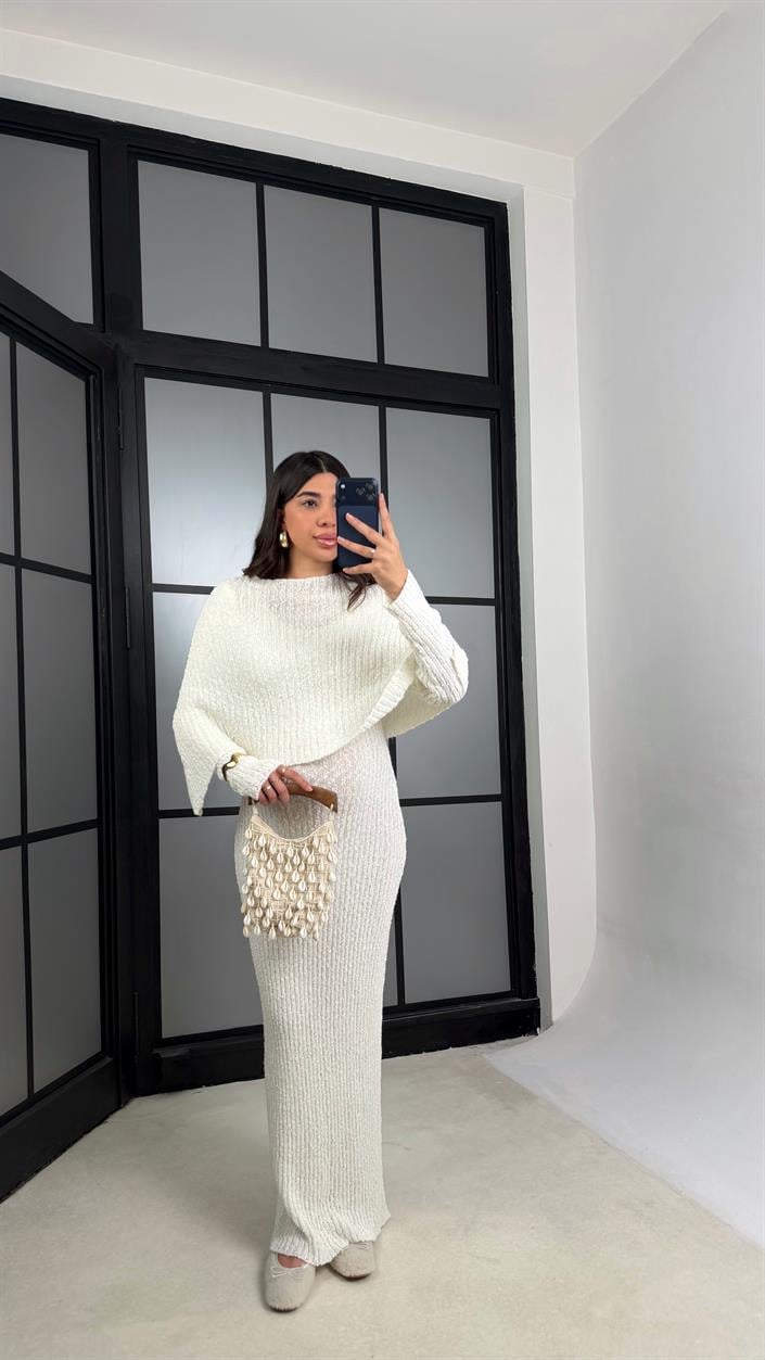 Ekru Elbise Pelerin Triko İkili Takım GAUS-01194