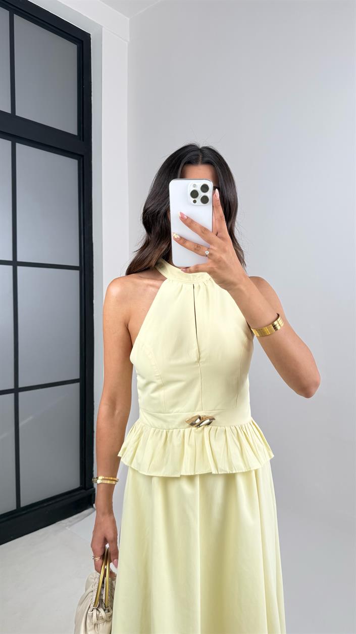 Sarı Gold Toka Detaylı Bluz Beli Lastikli Etek İkili Takım Gaus00678