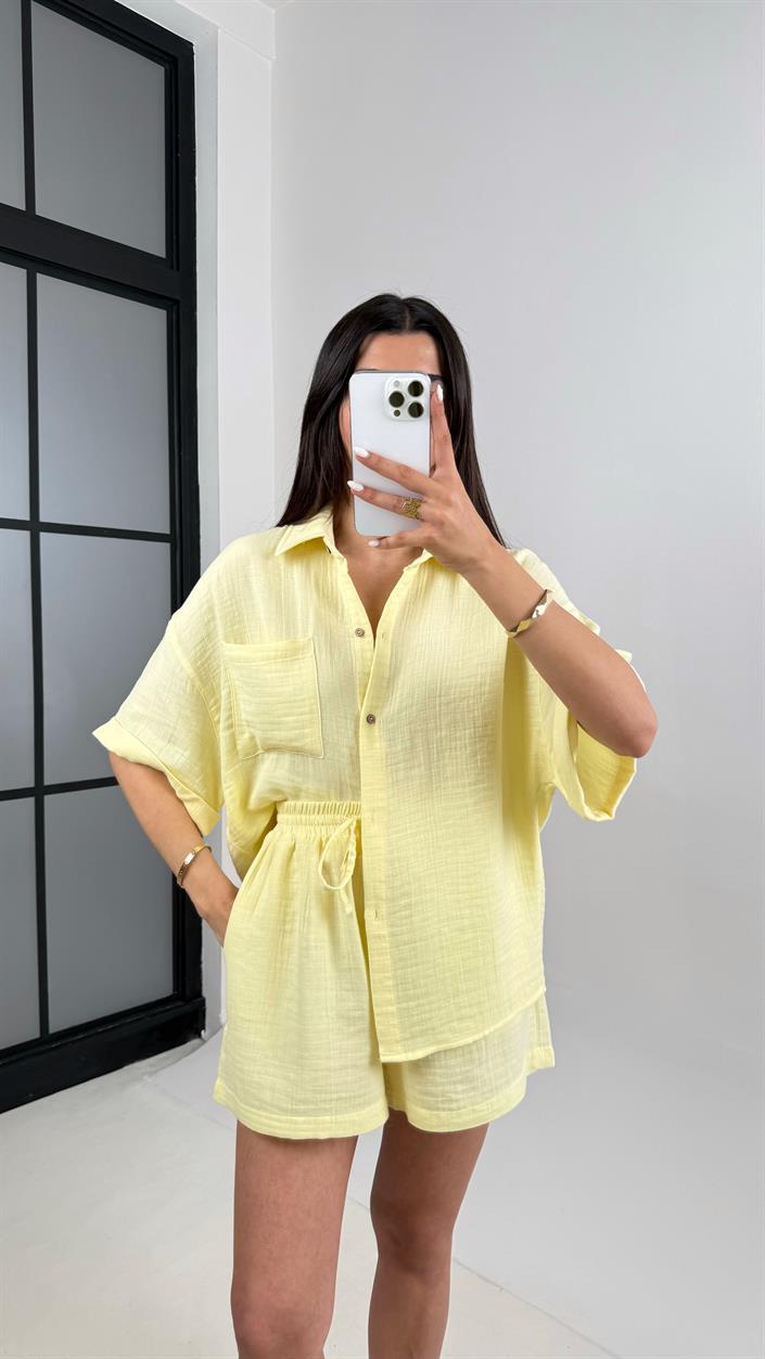 Sarı Cepli Gömlek Beli Lastikli Şort Müslin Takım Gaus00445