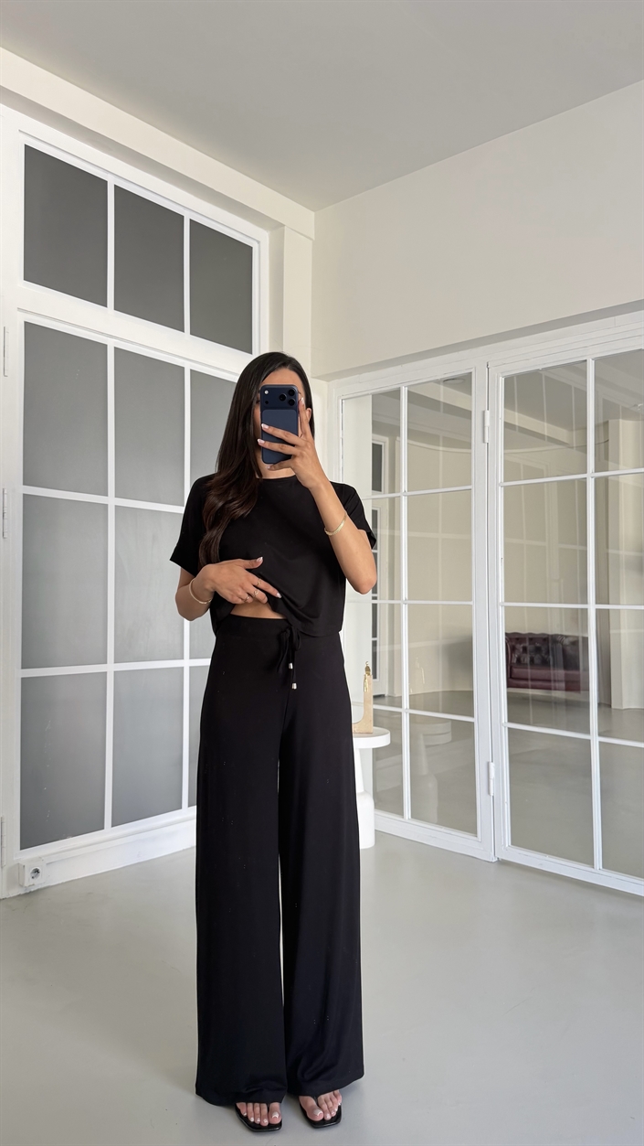 Siyah Bluz Beli Lastikli Pantolon İkili Basic Takım GAUS-01712