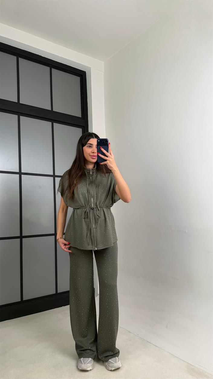 Haki Beli Lastikli Hırka Pantolon Taşlı Modal Takım GAUS-01064