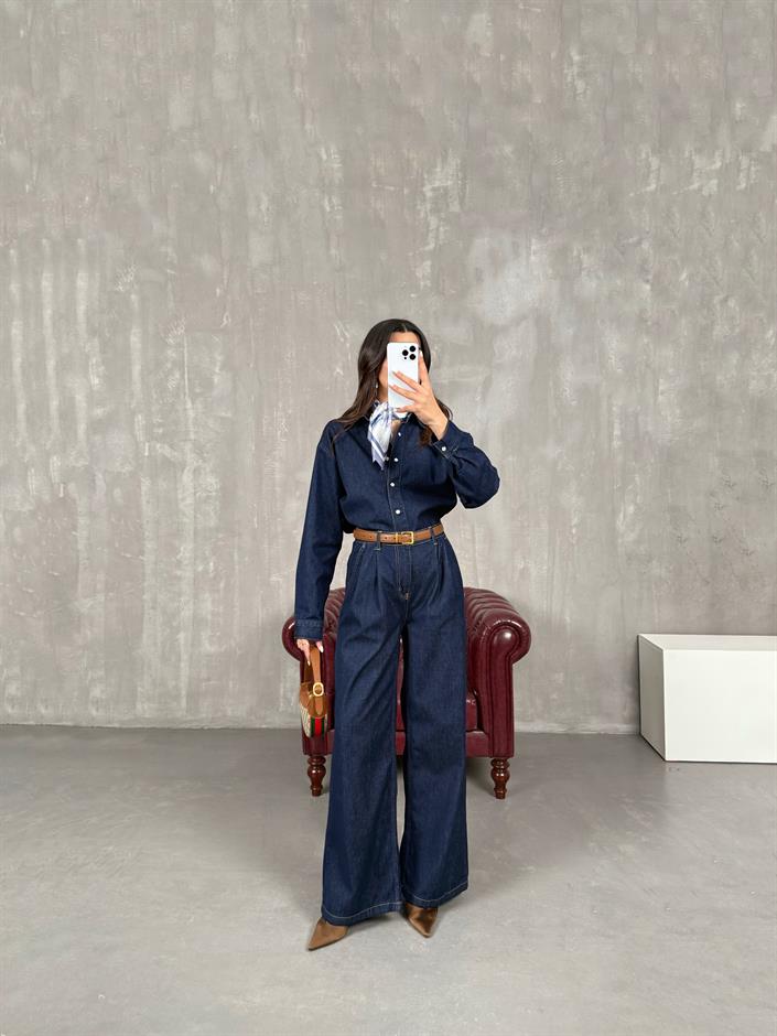 Koyu Mavi Çıtçıt Düğmeli Gömlek Pantolon Denim Takım Gaus0002