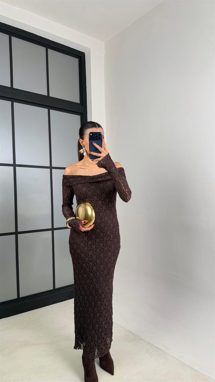 Acı Kahve Madonna Yaka Dantelli Astarlı Elbise GAUS-00664