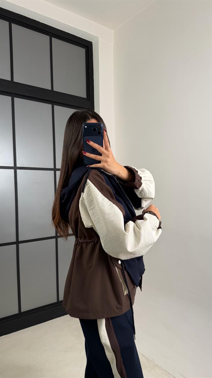 Kahve Garnili Ceket Beli Lastikli Pantolon İkili Tasarım Takım GAUS-00699