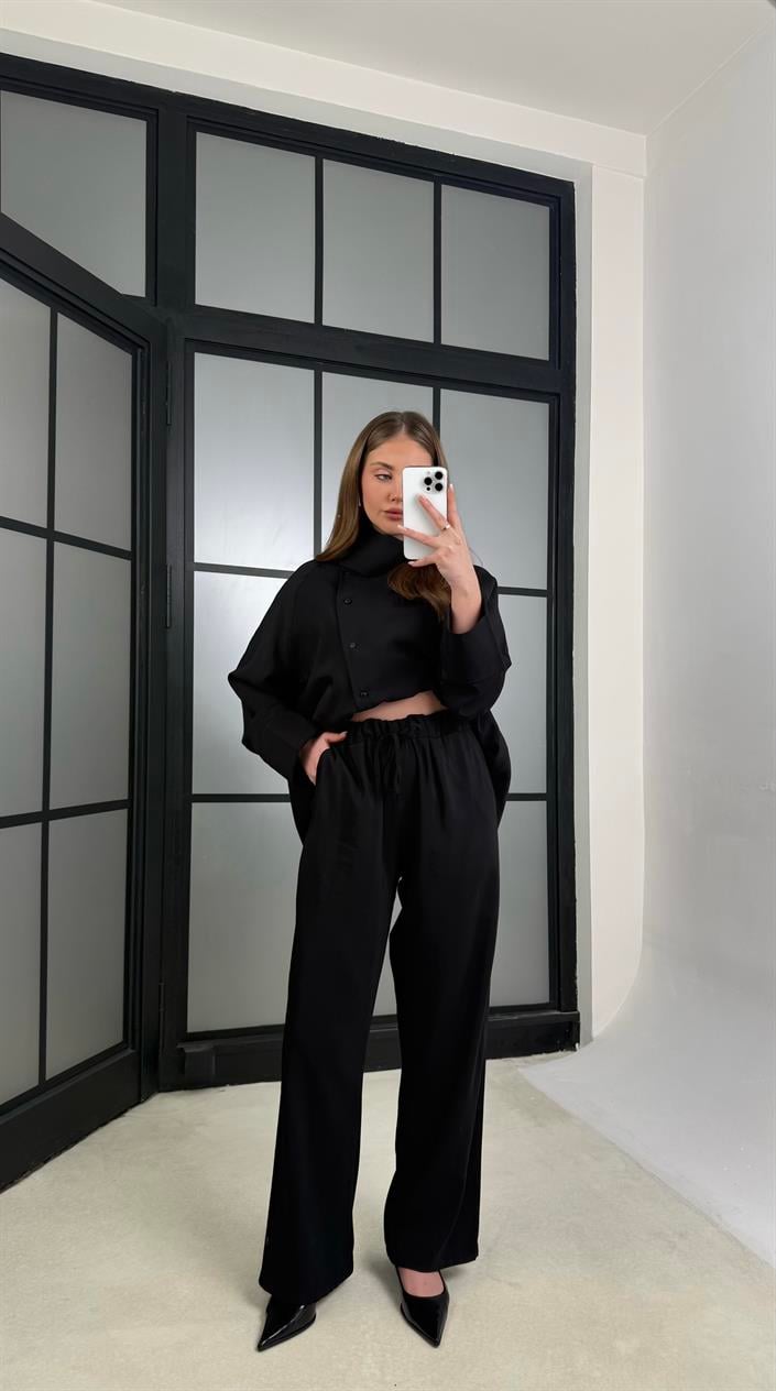 Siyah Gömlek Beli Lastikli Pantolon Cep Detaylı Muadil Tencel Takım GAUS-01225
