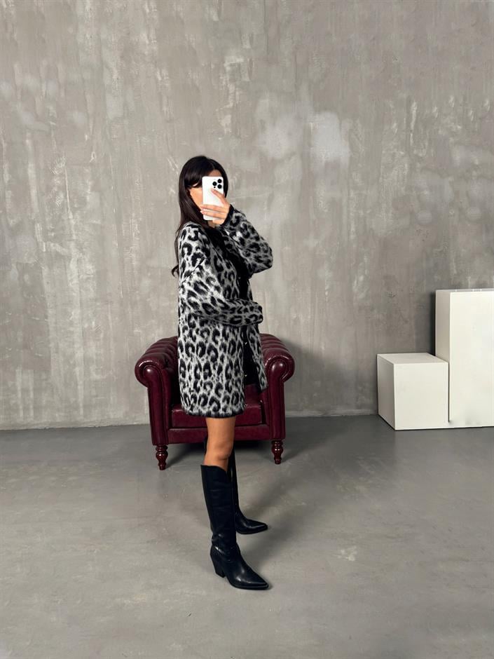 Wud Siyah Leopar Desenli Hırka