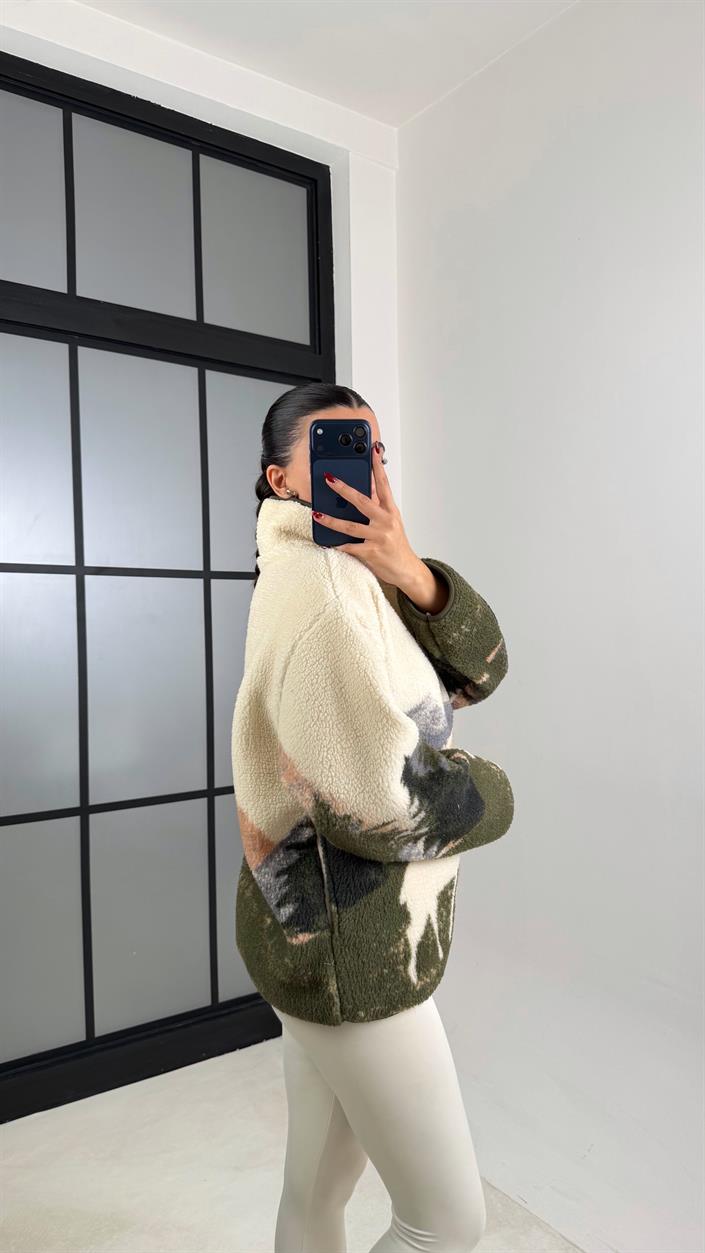 Ekru Fermuarlı Geyik Desenli Polar Sweatshirt GAUS-00723