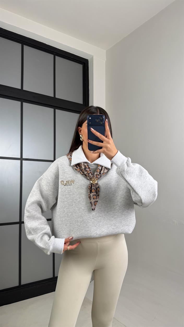 Gri Şardonlu Fular Detaylı Sweatshirt GAUS-01078