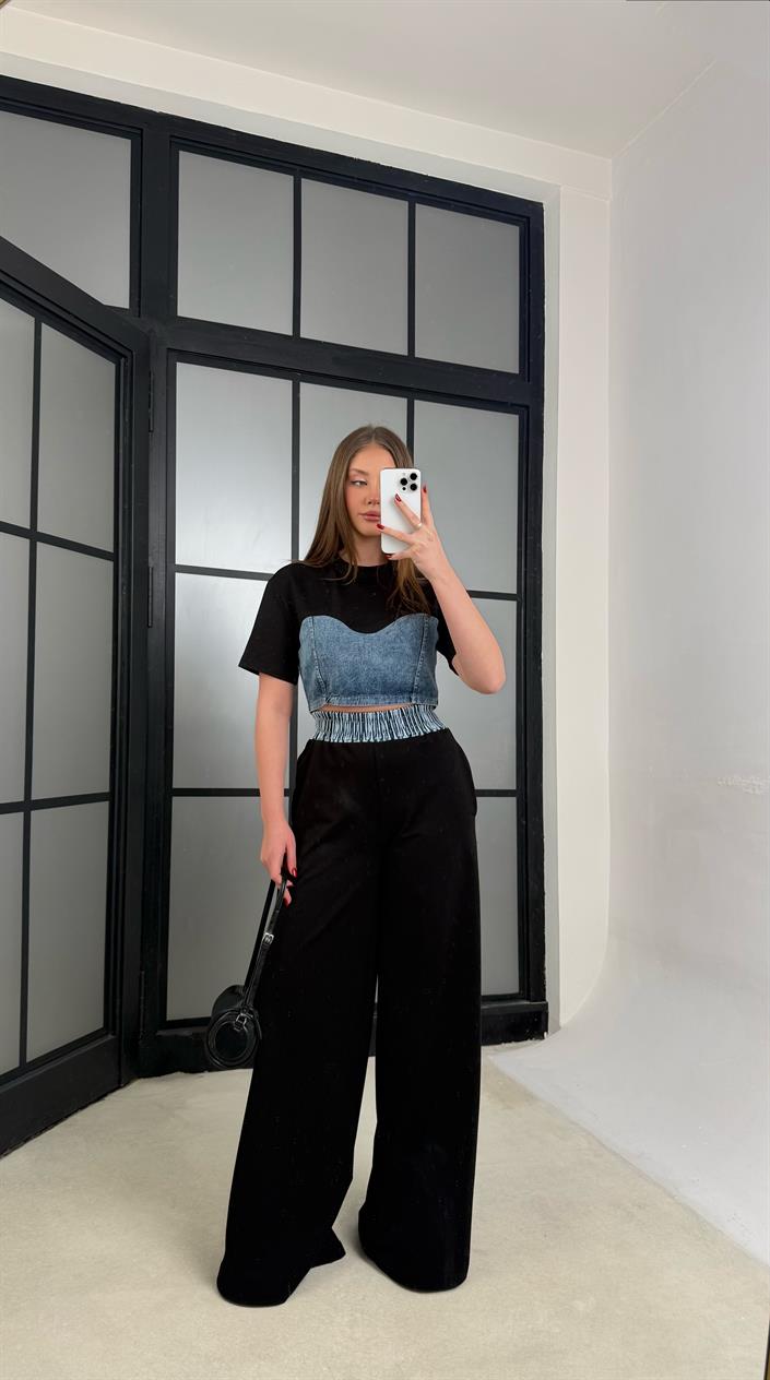 Siyah Denim Detaylı Crop Beli Lastikli Pantolon Premium Takım GAUS-01273