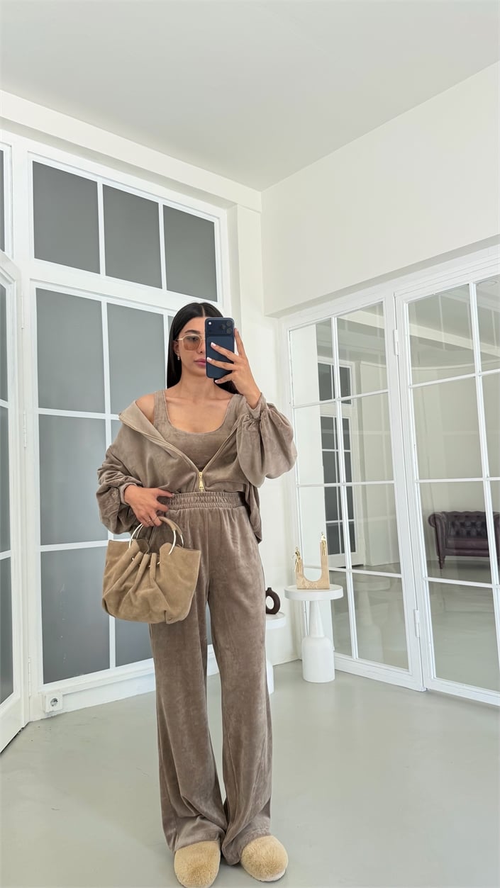 Vizon Kapüşonlu Hırka Crop Beli Lastikli Pantolon 3lü Kadife Takım GAUS-02033