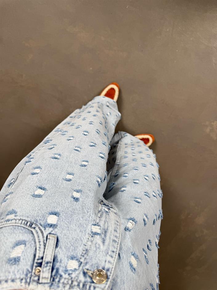 Tonsi Buz Mavi Yırtık Detaylı Tasarım Wide Leg Jean