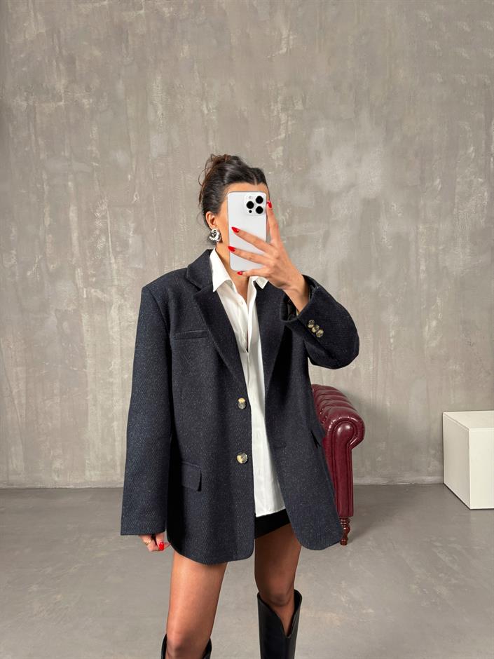 Dany Siyah Lacivert Çizgili Astarlı Kaşe Blazer Ceket