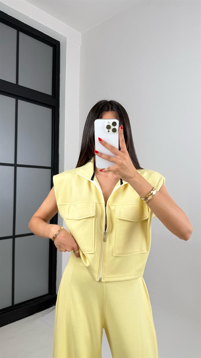 Sarı Cepli Yelek Beli Lastikli Pantolon Modal Eşofman Takım Gaus00523