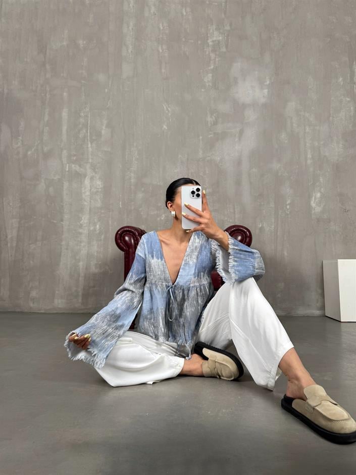 Mavi Önden Bağlamalı Müslin Ebruli Bluz Gaus00088