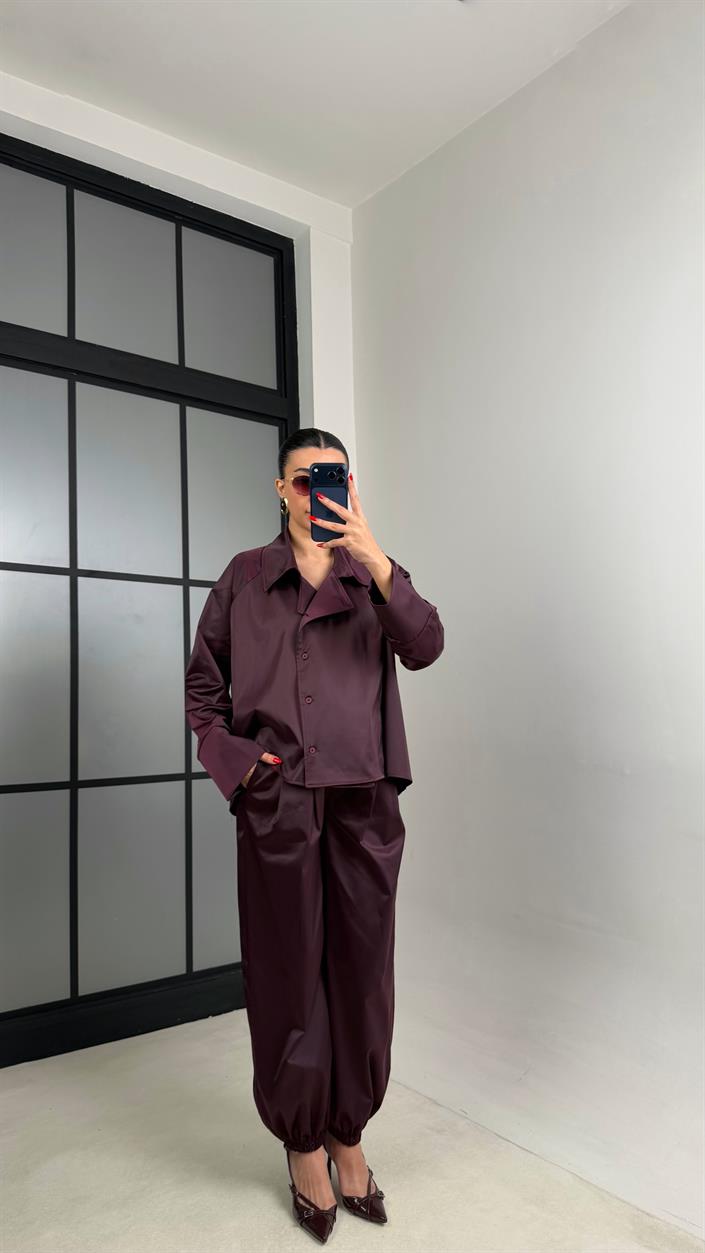 Mürdüm Gömlek Beli Lastikli Şalvar Pantolon Premium Saten Takım GAUS-01012