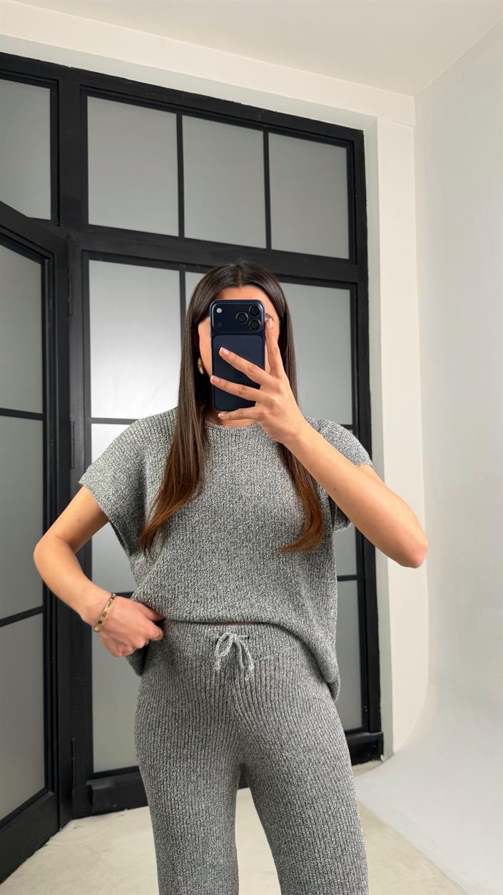 Gri Sıfır Kol Tshirt Beli Lastikli Pantolon Triko Takım GAUS-01238