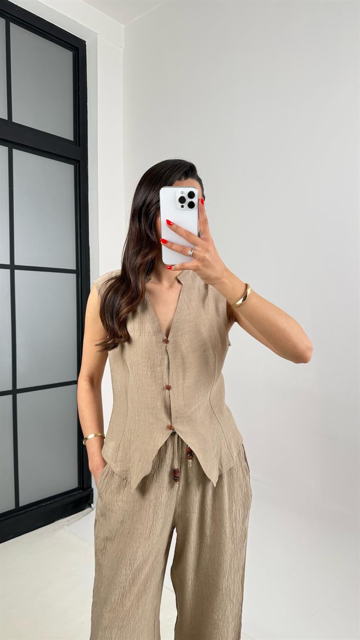 Sütlü Kahve Önü Düğmeli Yelek Beli Lastikli Pantolon Gofre Takım Gaus00454