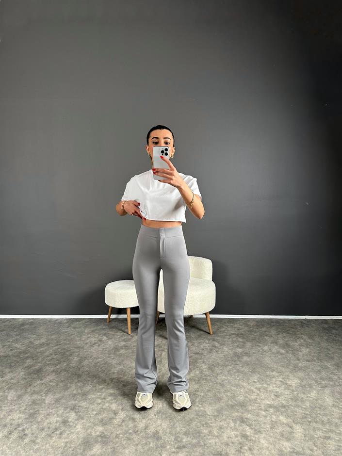 Penny Gri Yüksek Bel Kanca Düğmeli İspanyol Pantolon