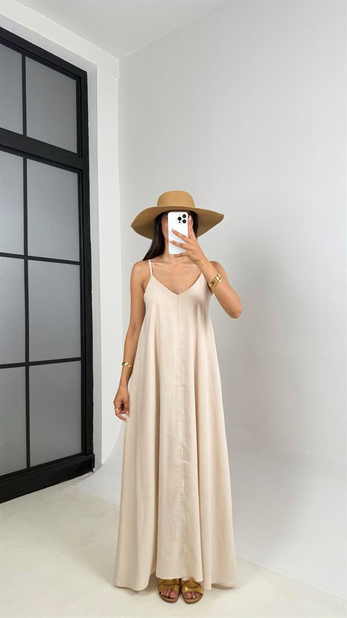 Taş Ayarlanabilir Askılı Astarlı Tencel Elbise Gaus00690