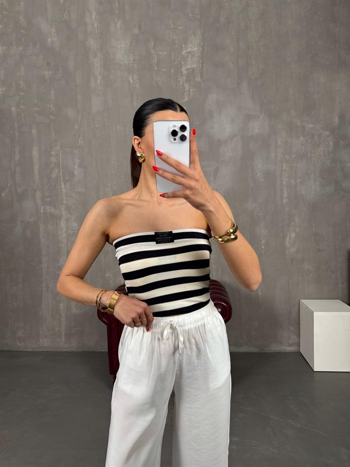 Siyah Beyaz Çizgili Straplez Crop Gaus00213