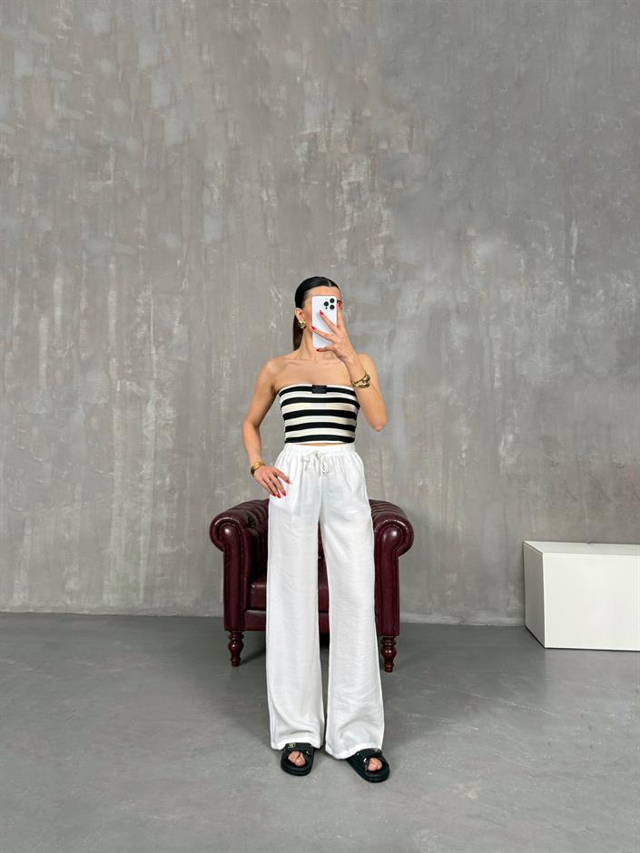 Beyaz Beli Lastikli Tensel Pantolon Gaus00212