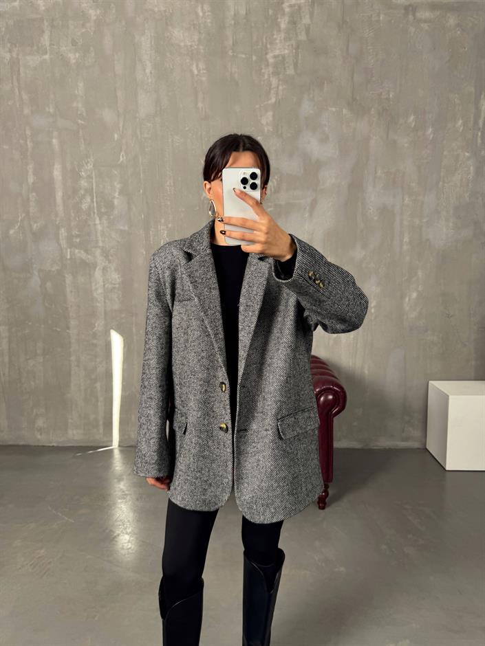 Dany Gri Çizgili Astarlı Kaşe Blazer Ceket