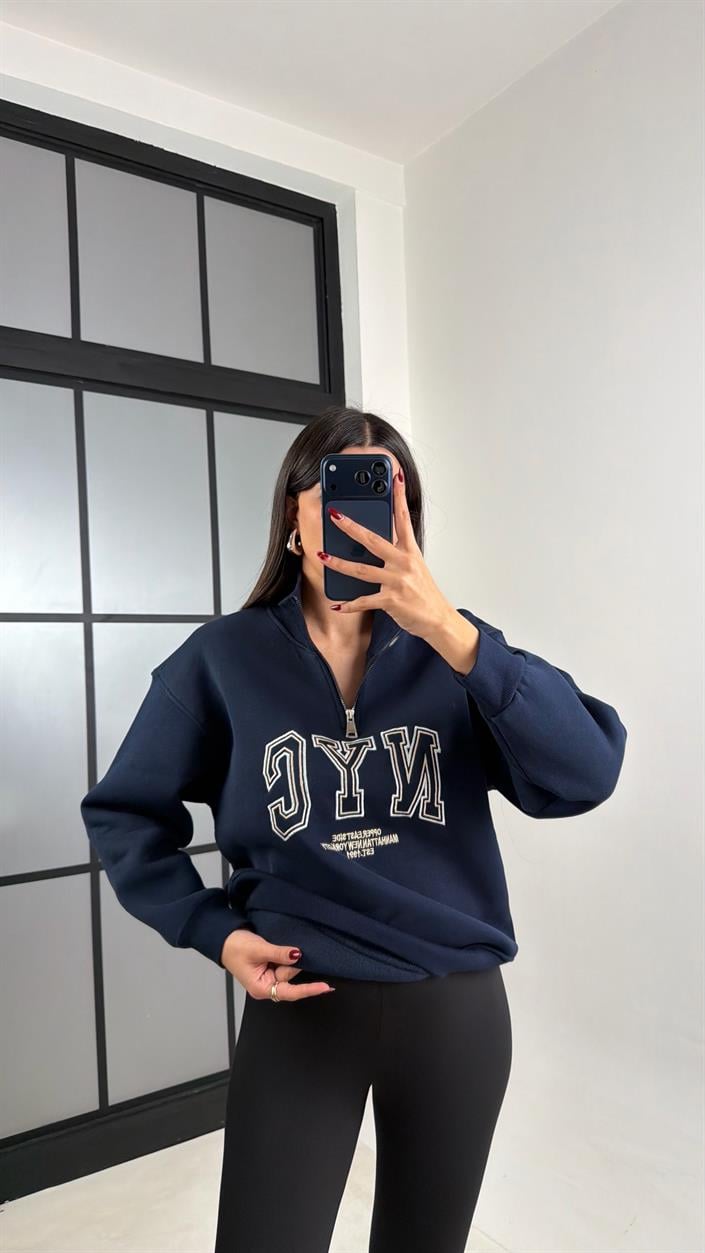 Lacivert Fermuarlı NYC Nakışlı Sweatshirt GAUS-00797