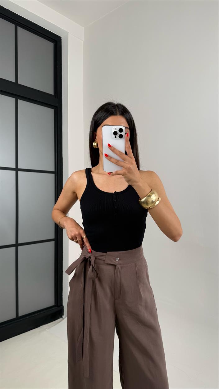 Kahve Yan Bağlamalı Tasarım Tencel Pantolon Gaus00500