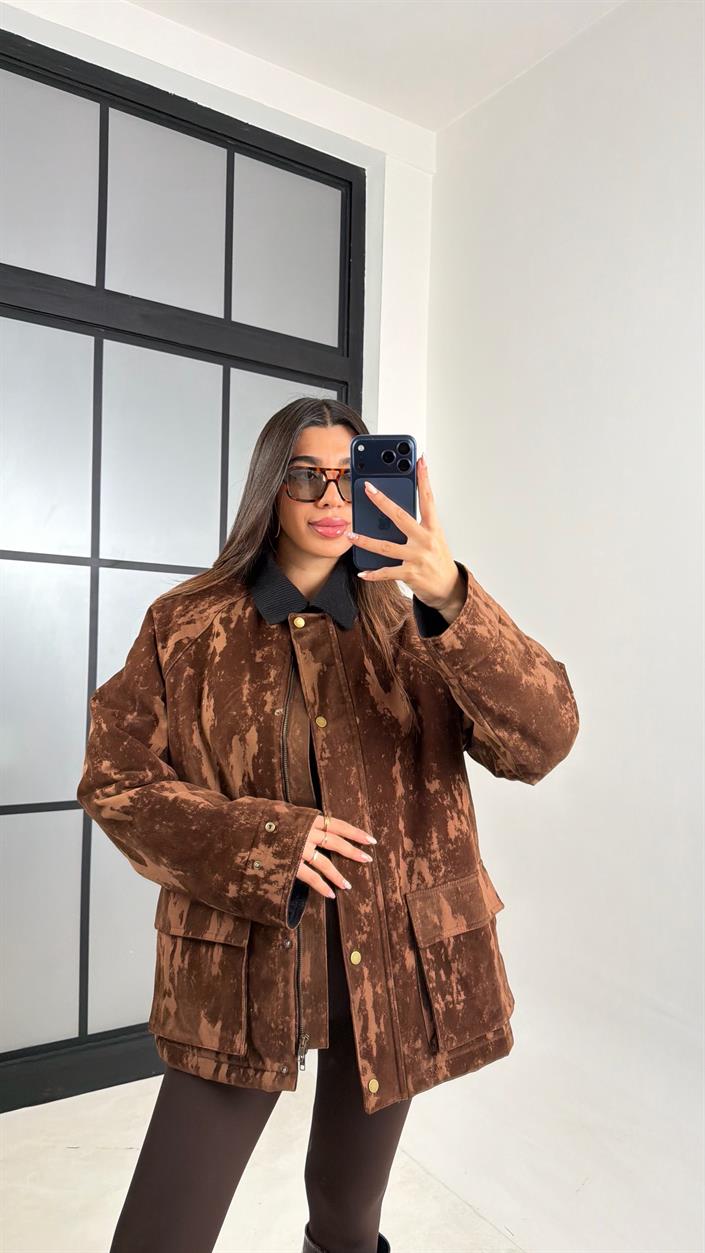 Kahve Kadife Yakalı Efektli Premium Mont GAUS-00791