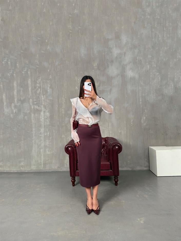 Nalya Bordo ZR Model Yırtmaçlı Kalem Etek