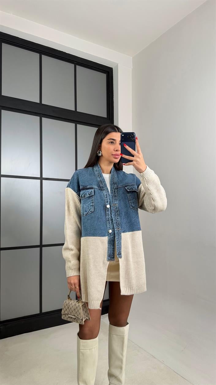 Taş Denim Detaylı Triko Hırka GAUS-01002