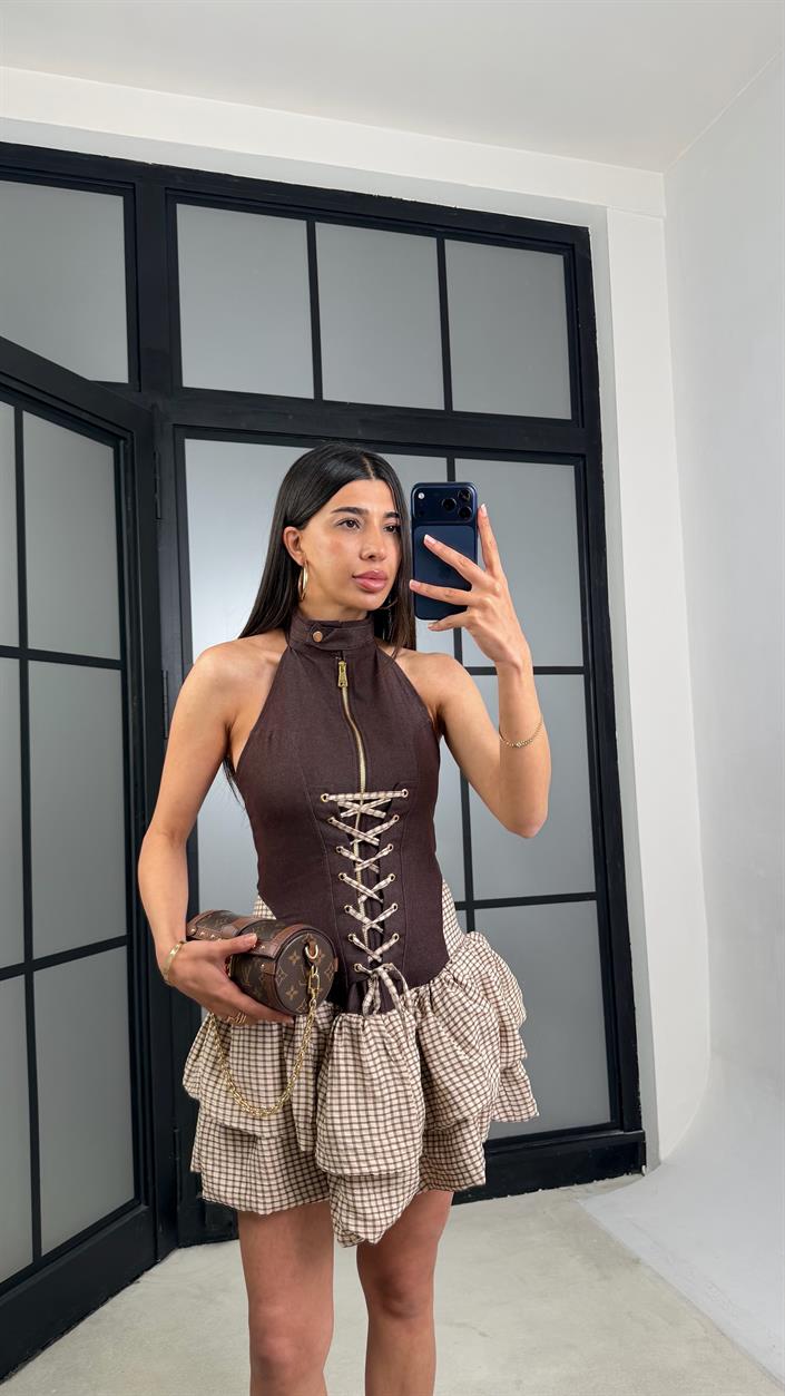 Acı Kahve Korse Detaylı Kareli Elbise GAUS-01531
