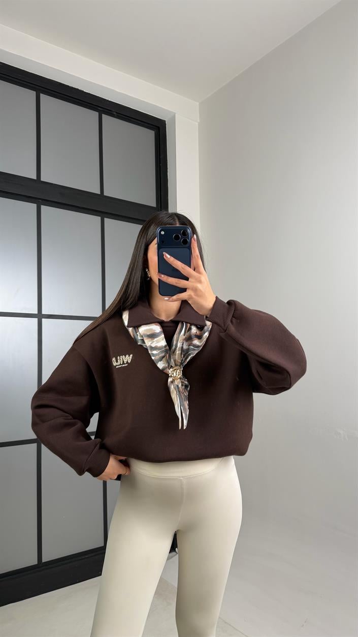 Acı Kahve Şardonlu Fular Detaylı Sweatshirt GAUS-01078
