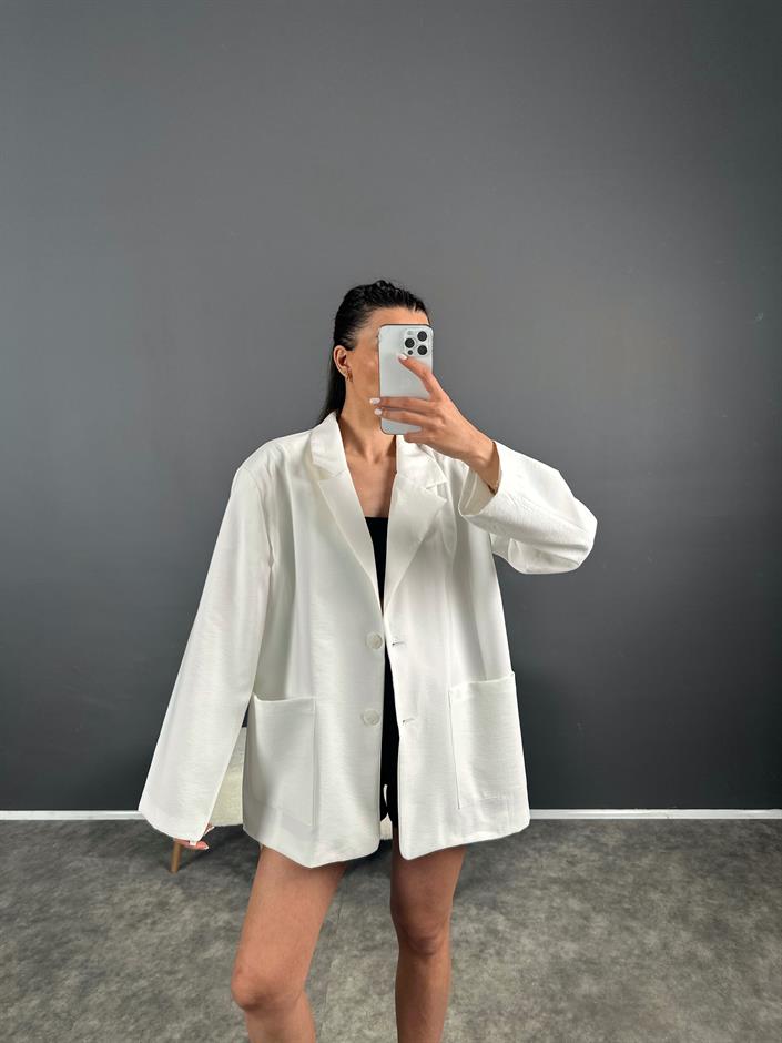 Muadil Beyaz Premium Keten Oversize Ceket