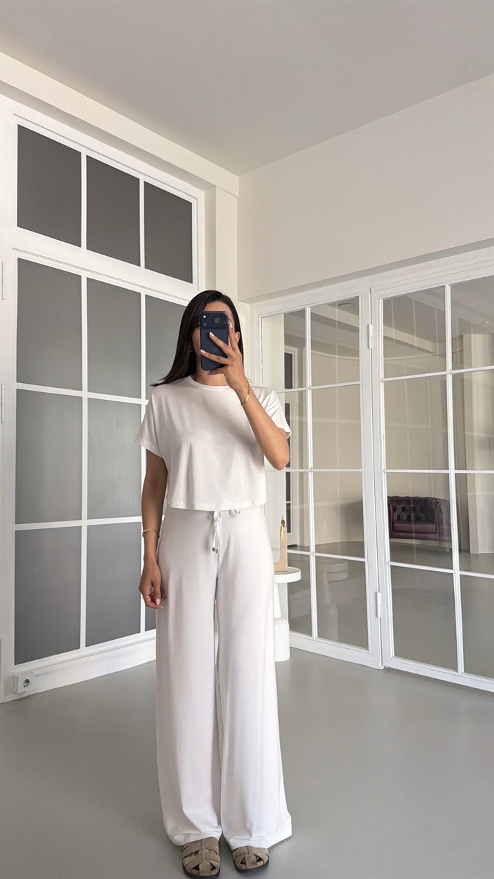 Beyaz Bluz Beli Lastikli Pantolon İkili Basic Takım GAUS-01712