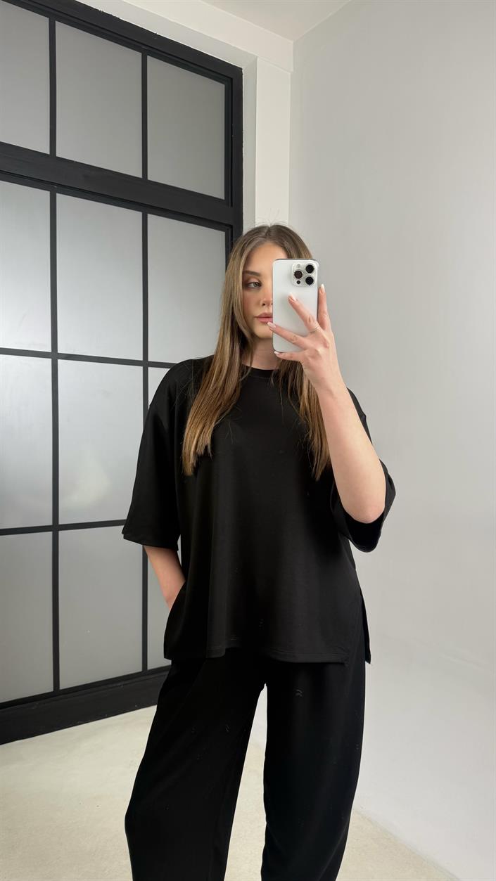Siyah Bluz Beli Lastikli Pantolon Modal Kumaş Basic Takım GAUS-01132