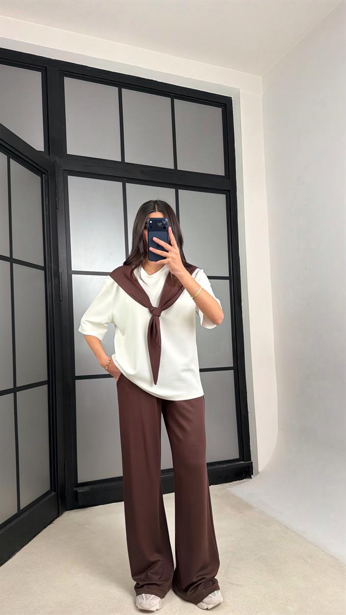 Kahve Şal Detaylı Basic Tshirt Beli Lastikli Pantolon İkili Eşofman Takımı GAUS-01284