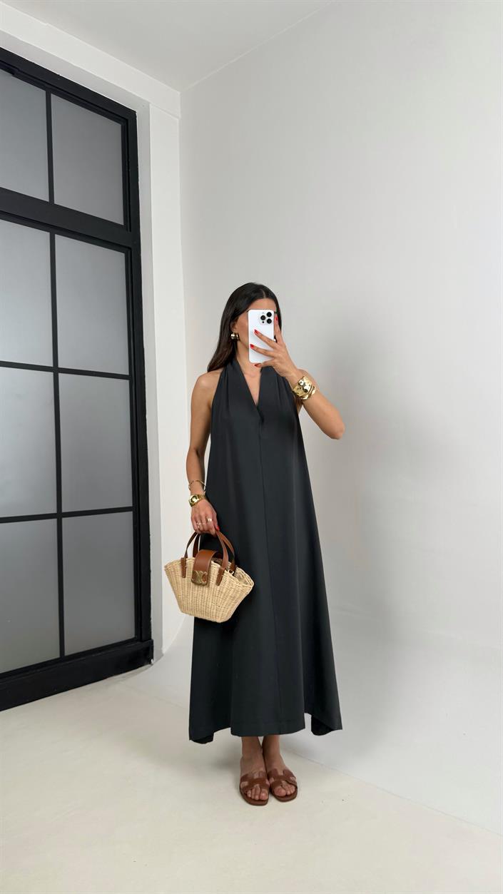 Antrasit V Yaka Sırt Detaylı Premium Tencel Elbise Gaus00481 
