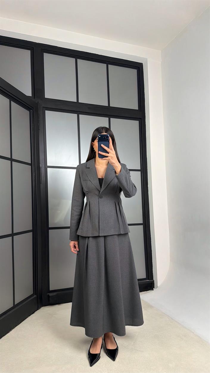 Antrasit Belden Oturtmalı Astarlı Vatkalı Ceket Cepli Etek Premium Takım GAUS-01290