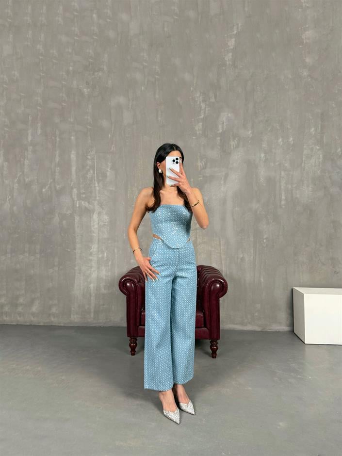 Mavi Pullu Parlak Korseli Denim Takım Gaus00241