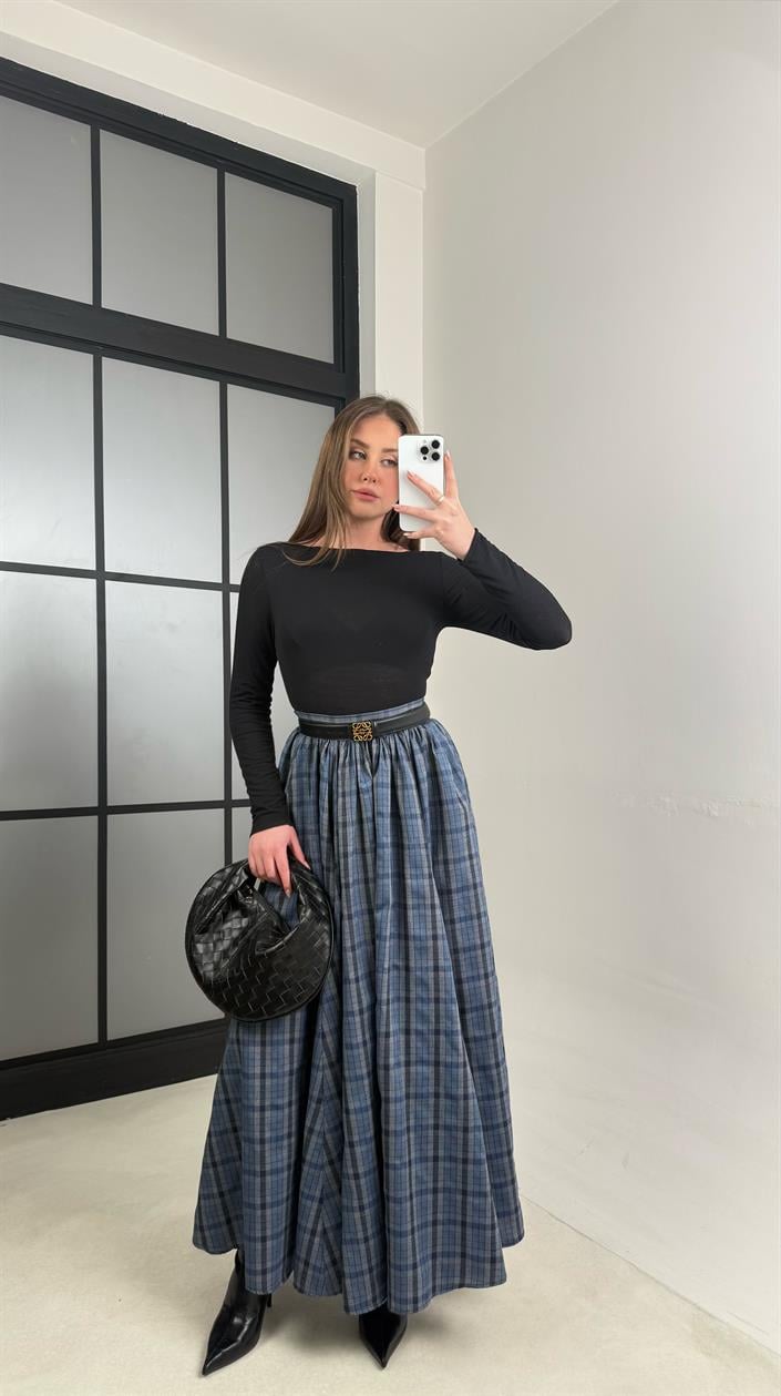 Lacivert Beli Lastikli Pileli Ekose Desenli Etek GAUS-01056